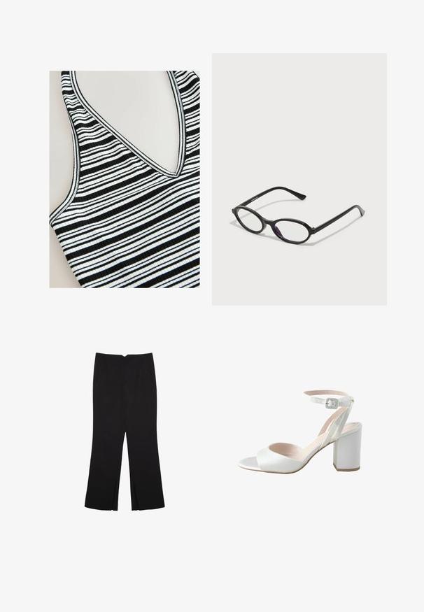 Raidallinen tank-top, jossa on mustavalkoiset vaakaraitat, v-pääntie, ribatty pinta ja kontrastiväriset reunat.; Mustat housut suoralinjaisella leikkauksella, joissa on etutaskut ja sivurei'ät helman alla. Valmistettu pehmeästä ja sileästä kankaasta. Sopii eri tilaisuuksiin.; Valkoiset korkeakorkoiset sandaalit, joissa on kiiltävä satiini päällinen, leveä paksu korko ja nilkkaremmi, jossa on pieni solki. Pintakuvio on sileä ja suunnittelu yksinkertainen.; Mustat soikeat kehykset, joissa on puoliläpinäkyvät violetit yksityiskohdat linssissä. Kehykset ovat mattapintaiset ja hoikalla, suoralinjaisella varrella.; Valkoinen nahkainen käsilaukku, jossa on kaksinkertaiset kahvat ja irrotettava hihna. Edessä on vetoketjullinen tasku ja pinta on sileä. Laukkua kantaa henkilö kyynärvarressaan.