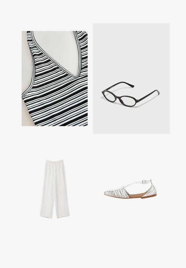 Gestreift ärmelloses Oberteil mit schwarz-weißen horizontalen Streifen, V-Ausschnitt, Rippstruktur und kontrastierenden Kanten.; Weiße weit geschnittene Hose aus leichtem Stoff. Mit einem elastischen Bund und Kordelzug sowie Seitentaschen. Glatte Textur.; Weiße flache Sandale mit mehreren dünnen Riemen, die einen gewobenen Effekt erzeugen. Offenes Zehendesign mit einer braunen Sohle und einem verstellbaren Knöchelriemen.; Schwarze Brille mit ovalem Rahmen und durchscheinenden lila Akzenten auf den Gläsern. Der Rahmen hat eine matte Oberfläche und schlanke, gerade Bügel.