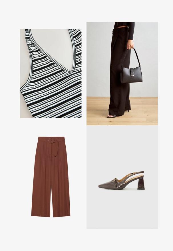 Prugasta majica na bretele s crno-belim horizontalnim prugama, V-izrezom, rebrastom teksturom i kontrastnim rubom.; Široke hlače iz rjavega blaga, ki vključujejo pas s kvadratno zaponko, nabran dizajn in gladko teksturo.; Rjavi lakasti slingback čevlji z pointed toe, izrazito zaponko, majhnimi dekorativnimi studami in debelim trigonalnim peto.; Črna torbica z strukturirano obliko, gladko teksturo in kovinskim zaponko. Ujemajo se z širokimi črnimi hlačami in odprtimi sandali na lesenem tleh.