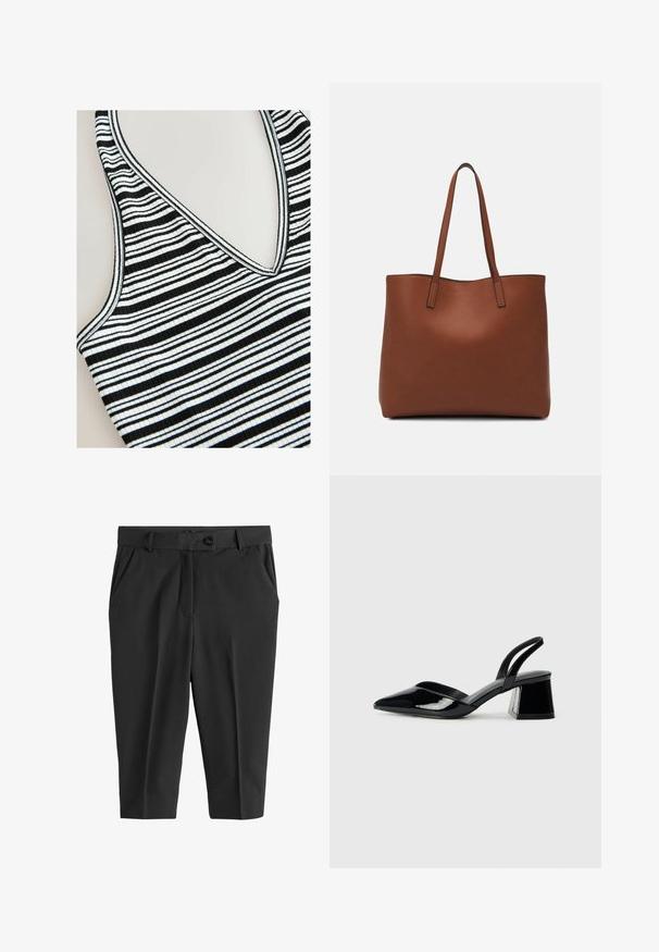 Top fără mâneci cu dungi, prezentând dungi orizontale negre și albe, design cu decolteu în V, textură ribbed și margini contrastante.; Pantaloni negri șifonați cu pliere frontală, închidere cu nasture și buzunare laterale. Material neted, cu lungime scurtă și o siluetă elegantă.; Pantofi cu toc slingback din piele lacuită neagră, cu vârf ascuțit și toc geometric. Prezintă un design elegant, minimalist și o textură netedă.; Geantă de umăr din piele maro cu o textură netedă, design cu vârf deschis și două curele pentru umăr. Prezintă cusături minime și fără componente metalice vizibile.
