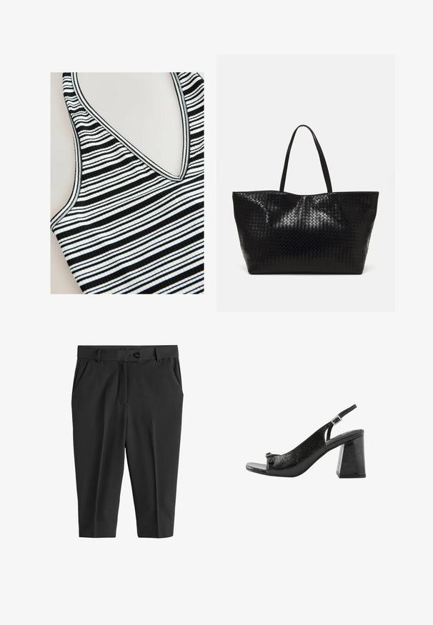 Top de tirantes a rayas con rayas horizontales en blanco y negro, diseño de escote en V, textura acanalada y bordes contrastantes.; Pantalones negros ajustados con pliegues en la parte frontal, cierre de botón y bolsillos laterales. Tejido suave con longitud corta y una silueta estilizada.; Next Sandalias - black; Bolso tote tejido negro con dos asas resistentes, que cuenta con una textura brillante y un diseño de parte superior abierta y espaciosa.