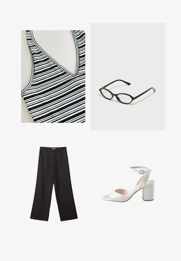 Pruhovaný tielko s čierno-bielymi horizontálnymi pruhmi, dizajnom s výstrihom do V, rebrovanou textúrou a kontrastnými okrajmi.; Čierne široké nohavice vyrobené z hladkej tkaniny, so zipsom vpredu a dvoma bočnými vreckami, s prispôsobeným strihom a minimalistickým dizajnom.; Biele sandále na vysokom opätku so lesklým saténovým povrchom, širokým blokovým opätkom a členkovým remienkom so malou prackou. Hladký na dotyk, minimalistický dizajn.; Čierne okuliare s oválnym rámom a priesvitnými fialovými akcentmi na sklách. Rámy majú matný povrch a štíhle, priame nožičky.; Biela syntetická kabelka s trojuholníkovým tvarom, plochým predným klapkou a detailom mašle, nastaviteľným popruhom, hladkou textúrou a minimalistickým dizajnom.