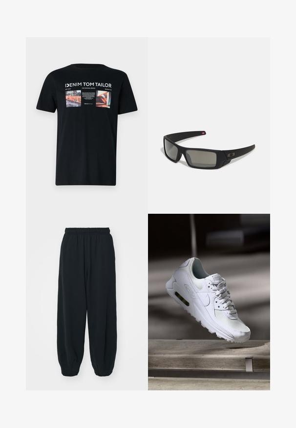 Čierne bavlnené tričko s grafickou potlačou obsahujúcou farebné obrázky a text na prednej strane, okrúhly výstrih a krátke rukávy.; Čierne tepláky s elastickým pásom, vo voľnom strihu, s manžetami na členkoch, hladkej textúry a bez viditeľných vzorov alebo kovových doplnkov.; Biele tenisky Nike Air Max 90 s vrchnou časťou z kože a sieťoviny, perforovanou špičkou a viditeľnou vzduchovou jednotkou v päte.; Čierne slnečné okuliare s matným povrchom, obdĺžnikové šošovky, mierna krivka na straničkách, nenápadný detail loga a šošovky so zafírovaným tónovaním.