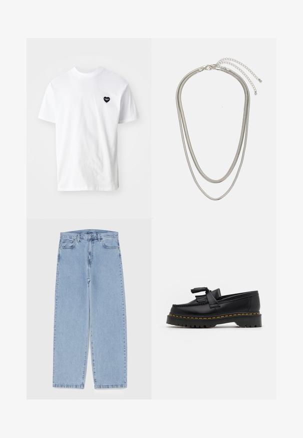 Hvit bomulls T-skjorte med korte ermer, med en liten svart hjerteformet logo på venstre brystområde. Klassisk rund hals-design.; Lyseblå denimjeans med rett ben-design, med mid-rise liv, fem lommer og knap og lynlås lukning.; Svart skinn loafers med en kvastdetalj, med en tjock svart sula och gul sömnad längs kanten. Texturerad yta.; Tre-lags sølvmetallkjede med elegante, fleksible kjeder med en svak glans, sikret med en krabbe-lås og justerbar kjede.