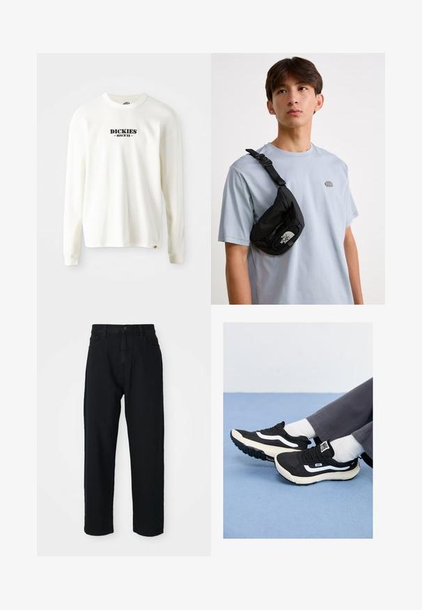Bela dolga majica s rebrasto teksturo in dolgimi rokavi, ki ima črn logotip "DICKIES" z napisom "SINCE '22" spodaj, okroglo ovratnik in manšetami.; Črne jeans hlače s ravnim krojem. Imajo klasičen pet-pocket dizajn, zapiranje na gumb in subtilno teksturo tkanine.; Črne tenisice z belimi dodatki, iz mrežastih in gumijastih materialov, z teksturiranim podplatom in petnim trakom. Nosi jih z belimi nogavicami in sivimi hlačami.; Črn najlonov crossbody nahrbtnik z nastavljivim paščkom, ki ima vidno belo logotip. Nosi se čez svetlo modro majico. Preprost, funkcionalen dizajn.