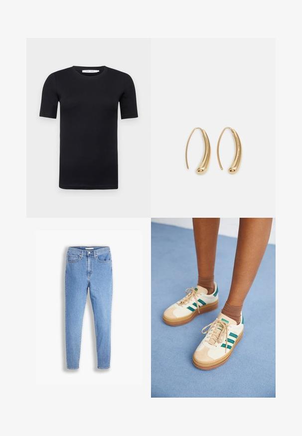 Black short-sleeve t-shirt made from soft cotton. Features a crew neck and a simple, seamless design.; Light blue high-waist slim-fit jeans with front and back pockets, button closure, and belt loops on a white background.; Beige sneakers with dark green stripes, rubber sole, suede and textile upper, and neutral hardware, paired with brown socks on a light blue surface.; Gold-tone metal hoop earrings with a curved, elongated shape. Features a smooth, shiny surface and a rounded tip for added detail.