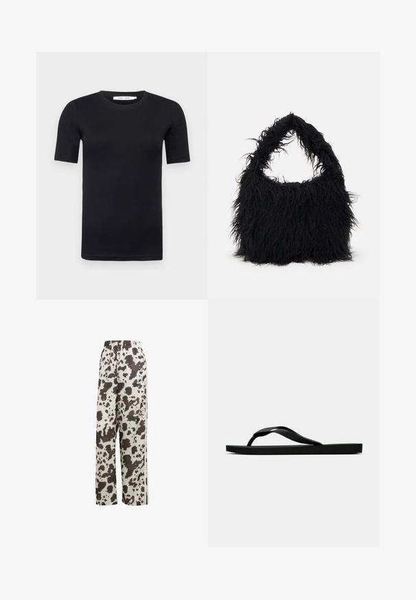 Schwarzes T-Shirt mit kurzen Ärmeln aus weicher Baumwolle. Es hat einen Rundhalsausschnitt und ein schlichtes, nahtloses Design.; adidas Originals COW PRINT SATIN WIDE LEG - Jogginghose - multicolor off white; Schwarze Gummi-Flip-Flop-Sandale mit einem strukturierten Riemen und einfacher flacher Sohle, von der Seite auf einem schlichten hellen Hintergrund dargestellt.; Even&Odd Shopping Bag - black