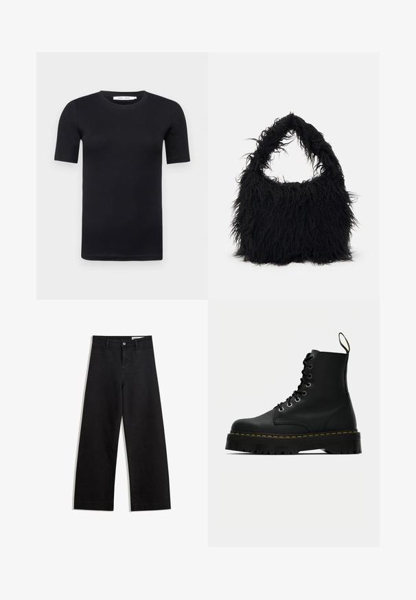 Crna majica kratkih rukava izrađena od mekog pamuka. Ima okrugli izrez i jednostavan, bešavni dizajn.; Crne široke traperice s visokim strukom, s prednjim i stražnjim džepovima, šivenim šavovima i kopčanjem na gumb. Glatka tekstura.; Crne kožne čizme do gležnjeva s čipkastim zatvaranjem, chunky teksturirana gumena podloga i žutih šavova oko platforme.; Even&Odd Velika torba - black