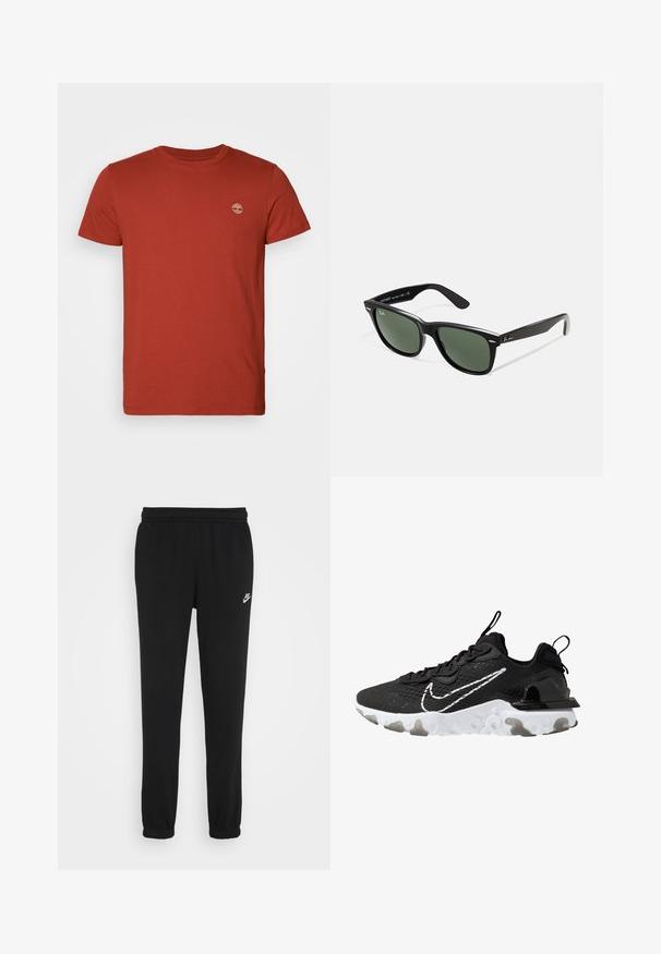 Piros pamut póló rövid ujjal és kerek nyakkivágással, bal mellen egy kis hímzett logóval. Sima textúra, klasszikus fazon.; Fekete sportnadrág gumis derékkal, lekerekített bokákkal és egy kis fehér Nike logóval a bal oldalon. Puha, texturált anyagból készült.; Fekete sportcipő, textúrális szövet felsőrésszel, fehér Nike pipa logóval és vastag fehér talppal. A sarkán húzófül található a könnyű felhúzás érdekében.; Fekete műanyag napszemüveg zöld lencsékkel, négyzet alakú kerettel, ezüst díszítéssel a keret felső részén, valamint texturált szárakkal. A márka neve a belső száron található.