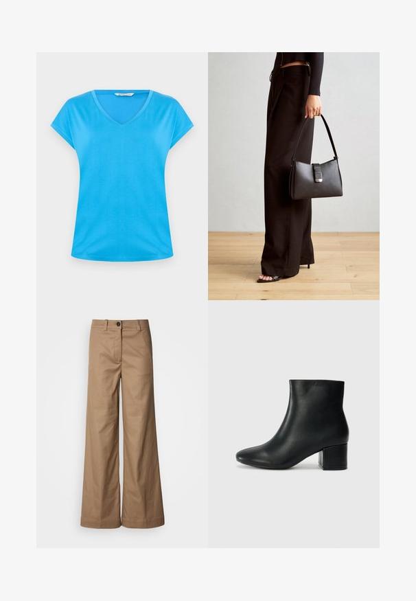 T-shirt de algodão azul com decote em V e mangas curtas, textura suave e design casual. Simples, de cor sólida, sem padrões ou embellishments.; Calças de perna larga feitas de tecido liso e bege. Apresentam um fecho de botão na parte da frente, passantes para cinto e bolsos laterais. Linhas limpas, sem padrões visíveis.; Botas de tornozelo em pele preta com bico pontiagudo e um salto robusto. Textura suave com acentos mínimos e um design ajustado e elegante.; Bolsa preta com forma estruturada, textura suave e um fecho metálico. Combinada com calças largas pretas e sandálias de salto aberto sobre um chão de madeira.