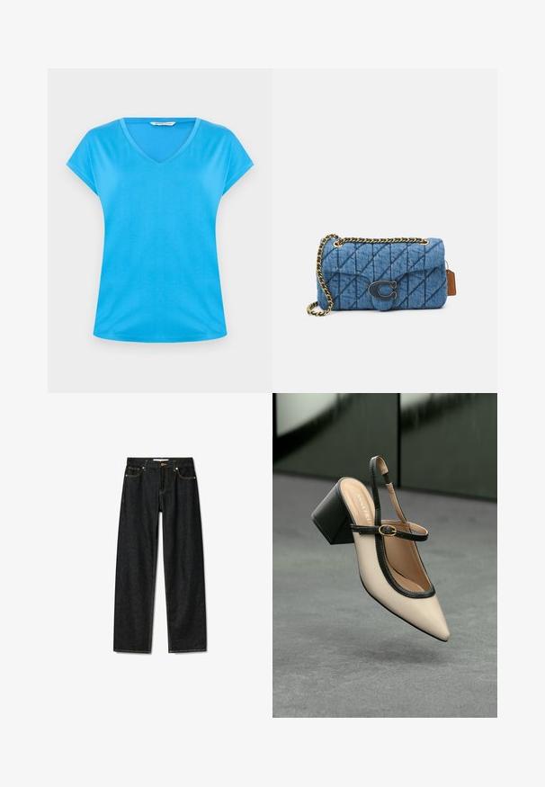 Blå bomulls T-shirt med V-hals och korta ärmar, mjuk textur och en avslappnad design. Enkel, enfärgad utan mönster eller utsmyckningar.; Mörka denimjeans med rak passform, knappstängning i brons och kontrasterande gula sömmar. Har fem fickor och en klassisk passform.; Beige spetstoppad slingback-sko med svart kant, guldspänne och en kraftig blockklack på grått golv med mörkgrön bakgrund.; Blå kviltad denimaxelväska med en guld kedjestraps och en framträdande guldlogotyp på framsidan. Kompakt rektangulär form.