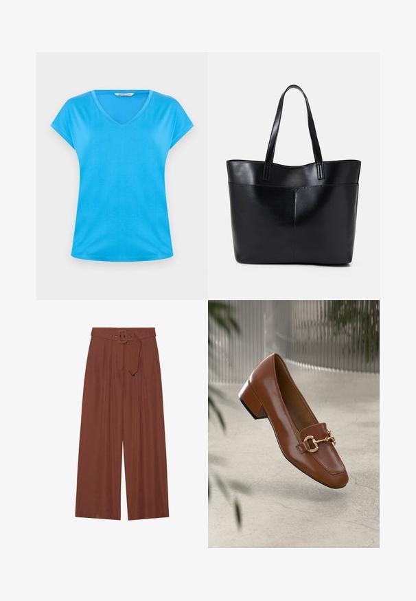 Kék pamut V-nyakú póló, rövid ujjakkal, sima textúrával és lezser dizájnnal. Egyszerű, egyszínű kialakítás minta vagy díszítés nélkül.; Barna anyagból készült, széles szárú nadrág, négyzet alakú csattal ellátott övvel, redők kialakítással és sima textúrával.; Barna lakkbőr loaferek négyzet alakú orral, fém lánc díszítéssel és alacsony blokk sarkú kialakítással; sima textúra, minimalista design.; Fekete bőr bevásárlótáska két hosszú fogantyúval, sima felülettel és strukturált formával. Elülső zseb található rajta a plusz tárolás érdekében.