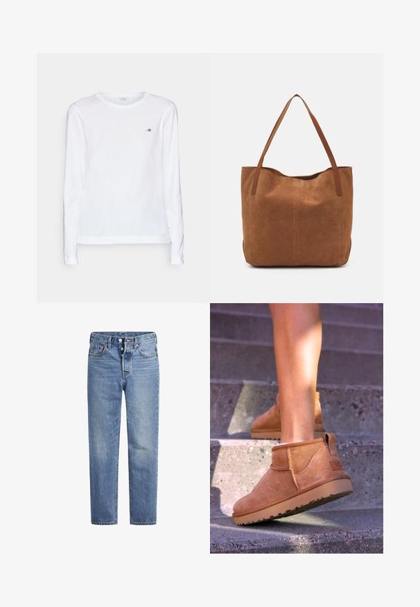 White long-sleeve T-shirt with a crew neck, made of soft cotton. Features a small embroidered logo on the chest and cuffed sleeves.; Light blue denim jeans with a straight cut, five-pocket design, and a button fly. Features subtle fading and orange stitching accents.; Tan suede ankle boots with a soft texture, stitched detailing, and a rubber sole, featuring a looped heel for easy wear.; Brown suede tote bag with two long handles, featuring a smooth texture, simple design, and no visible hardware or accents.