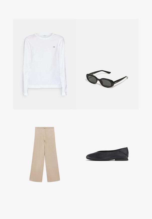 Bjela dugoruka majica s okruglim izrezom, izrađena od mekog pamuka. Ima mali izvezeni logo na prsima i manžete na rukavima.; Bež hlače širokih nogavica od mekog materijala, s elastičnim pojasom na vezanje i glatkom teksturom, bez uzoraka ili dodatnog pribora.; Crna kožna ravna cipela s okruglim prstom i niskom petom, dizajnirana za svakodnevno ili formalno nošenje.; Crne sunčane naočale s ovalnim lećama, sjajnim plastičnim okvirom i tankim krakovima. Značajka je Ray-Ban logo u bijeloj boji s strane.; DRAGON DIFFUSION SANTA CROCE BIG - Ručna torba - black
