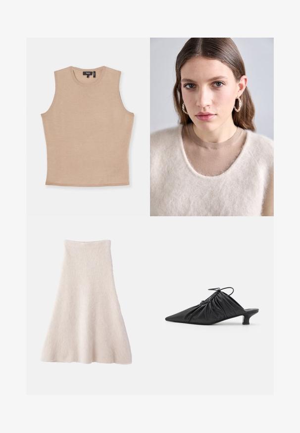 Ärmelloses beiges Top aus leichtem Strickstoff, mit rundem Ausschnitt und taillierter Silhouette. Leicht strukturierte Oberfläche.; Ein hellbeiger A-Linien-Rock aus weichem, strukturiertem Stoff, mit einem glatten Taillenbund und einer fließenden Silhouette.; Schwarze Leder-Mules zum Hineinschlüpfen mit spitzer Zehe, geraffter Textur und kleinem Kitten-Heel. Verfügt über ein Zugbanddetail am Öffnung.; Hellbeige gestrickter Pullover mit flauschiger Textur und weitem Ausschnitt, über einem enganliegenden braunen Shirt. Das Model trägt silberne Creolen.
