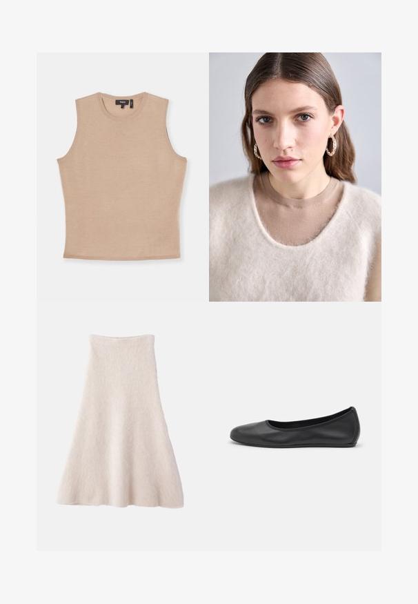 Säärele ulatuv beež särk, mis on valmistatud kerge kudumiskangast, ümmarguse kaelusega ja keha lähendava lõikega. Kergelt tekstureeritud pind.; Helebeež A-line seelik, mis on valmistatud pehmest ja tekstureeritud kangast, millel on sile vöökoht ja voolav siluett.; Musthave mustika tantsutossud mustast nahast, ümmarguse varbaga, siledast tekstuurist, minimaalse õmblusdetailiga ja paindliku tallakujundusega.; Heled bež kampsun, millel on karvane tekstuur ja lai kaelus, kantud sobiva pruuni särk üle. Model kannab hõbedasi rõngaskõrvarõngaid.