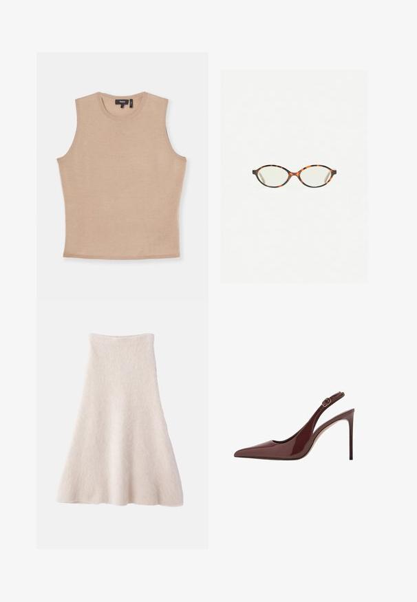 Mouwloze beige top gemaakt van lichte gebreide stof, met een ronde halslijn en een aansluitende silhouet. Licht gestructureerd oppervlak.; Een lichtbeige A-lijnrok van zacht, gestructureerd materiaal, met een gladde tailleband en een vloeiende silhouet.; Donkerbruine lakleren slingback met spitse neus, hoge hak en verstelbare gespriem. De slanke stilettohak voegt een elegante touch toe.; Kattenoogbril met ovale lenzen en een strakke, gladde afwerking. Heeft dunne zijkanten met een subtiele kromming bij de slapen. Transparante lenzen.; Lichtbeige gebreide trui met een fluffy textuur en een brede halslijn, gelaagd over een aansluitend bruin shirt. Het model draagt zilveren creolen.