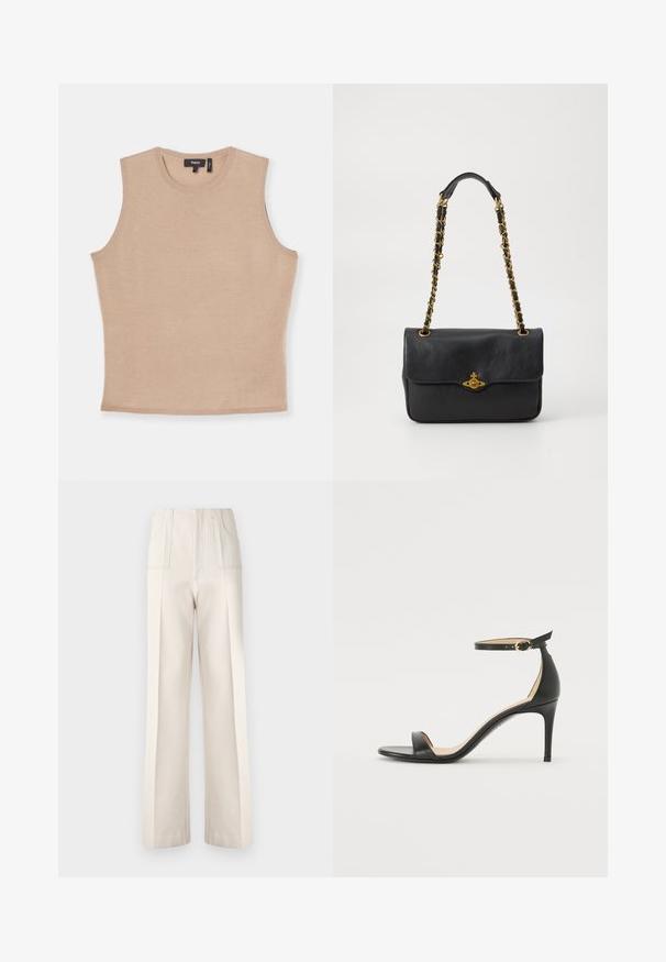 Bežinė be rankovių palaidinė, pagaminta iš lengvos trikotažo medžiagos, su apvaliu iškirpimu ir prigludusia siluetu. Šiek tiek tekstūruotas paviršius.; Bežinės plačių kojų kelnės su aukštu liemeniu, dviem priekinių kišenių ir matomomis siūlėmis. Pagamintos iš lygaus, lengvo audinio.; Juodos oda aukštakulniai sandalai su kulkšnies dirželiu. Pasižymi lygiu paviršiumi, atviru pirštu ir plonu kulnu. Auksinės spalvos sagties detalė.; Juodas odinis rankinukas su užlenkiama sklende, auksinės spalvos grandinėlė ir logotipo detalių dekoracija priekyje. Lygi tekstūra.