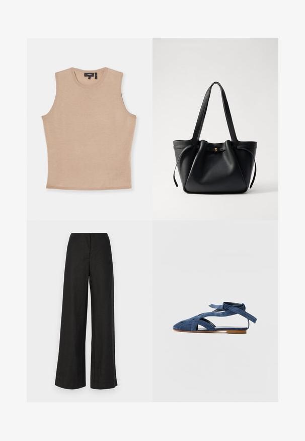 Ærmeløs beige top lavet af let strikket stof, med en rund halsudskæring og en tætsiddende silhuet. Let struktureret overflade.; Faithfull the brand LULEA PANT - Bukser - black; Emporio Armani Sandaler - blue; Sort læder tote taske med to lange stropper, en indsnøret top og et gyldent cirkulært accent. Glat tekstur med et minimalistisk design.