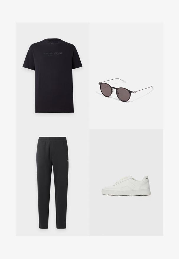 Black cotton t-shirt with short sleeves, round neck, and a slightly relaxed fit. Features "ARMANI EXCHANGE MILANO / NEW YORK" in dark gray text.; Black jogger pants made of soft fabric, featuring an elastic waistband, straight legs, and a single small logo detail on the side.; White leather sneaker with a smooth finish, round toe, flat laces, and a textured sole. Features a subtle logo on the heel.; Black round sunglasses with dark lenses and slim metal arms. Includes clear temple tips and silver accents at the hinge. Minimalist design.