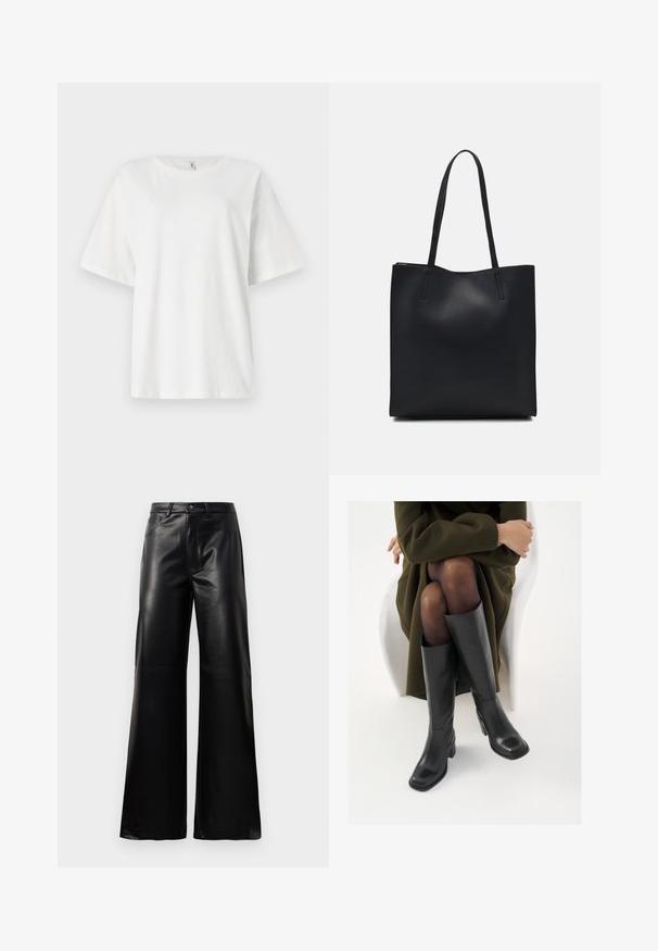 White, short-sleeve t-shirt made of cotton. Round neckline and relaxed fit. Smooth texture with no visible patterns or hardware details.; Black high-waist wide-leg faux leather pants with front button, zip closure, belt loops, and side pockets on white background.; Knee-high black leather boots with a squared toe and block heel, shown with a model seated in an olive green coat. Smooth texture, minimal detailing.; Black leather tote bag with smooth texture, rectangular shape, and two long handles. No visible hardware or embellishments.