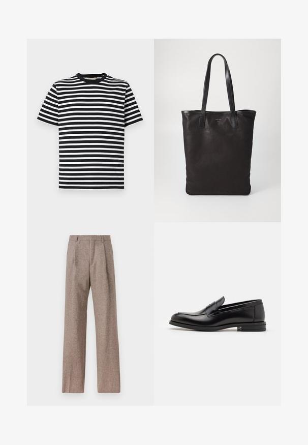 Tricou scurt cu mânecă, cu dungi negre și albe, decolteu rotund și material din bumbac moale. Dungi orizontale de aceeași lățime.; Cămașă albastru deschis cu mâneci lungi, guler ascuțit, nasturi negri și o decupare unică în față pentru un design distinctiv.; Pantaloni bej, cu talie înaltă, dintr-un material texturat. Prezintă picioare late și două pliseuri frontale pentru structură. Finisaj îngrijit, fără accesorii vizibile.; Mocasini din piele neagră cu o textură netedă, vârf rotund și o curea decorativă peste partea superioară. Toc mic, design minimalist.; Geantă de umăr din pânză neagră cu mânere din piele neagră. Design simplu, corp spațios și textură netedă. Fără logo-uri sau modele vizibile.