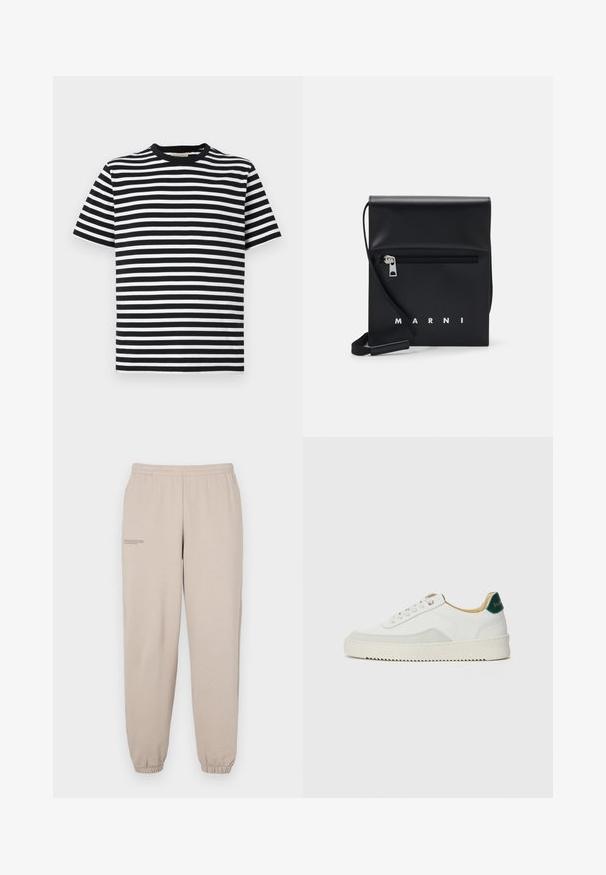 Black and white striped short-sleeve t-shirt with a round neckline and soft cotton material. Horizontal stripes of equal width.; Beige sweatpants made of soft fabric, featuring an elastic waistband and cuffs, with a small printed text detail on the left leg.; White sneaker with suede accents, rounded toe, flat laces, and a cream rubber sole. Features green branding on the heel.; Black leather crossbody bag with a zippered front pocket, embossed logo, and adjustable strap. Smooth texture with a structured shape.