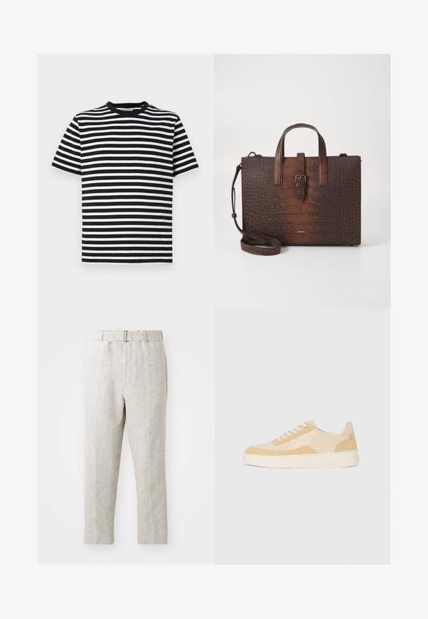 Black and white striped short-sleeve t-shirt with a round neckline and soft cotton material. Horizontal stripes of equal width.; OFFICINE GENERALE HOCHE NATURAL - Chinos - natural; Sneakers in light yellow suede and leather, featuring a cushioned sole and stitched accents. Classic lace-up design with a rounded toe.; Brown crocodile-embossed leather handbag with top handles and a detachable shoulder strap. Features a buckle closure and rectangular shape.