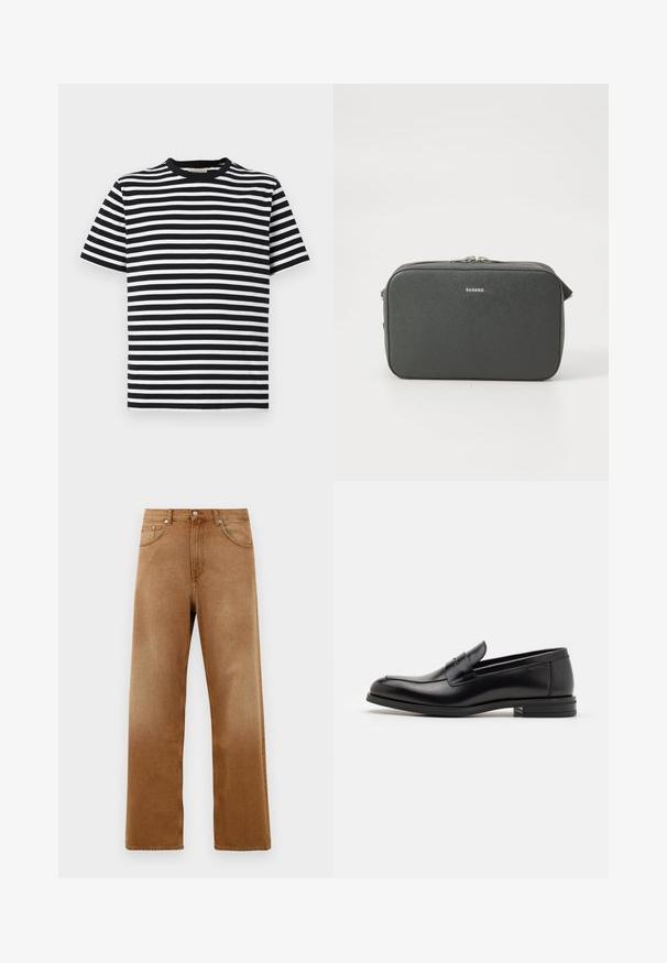 Tricou scurt cu mânecă, cu dungi negre și albe, decolteu rotund și material din bumbac moale. Dungi orizontale de aceeași lățime.; Jeans largi din denim maro cu talie înaltă, având două buzunare frontale, închidere cu nasture și o textură subtilă. Fără modele sau accente vizibile.; Mocasini din piele neagră cu o textură netedă, vârf rotund și o curea decorativă peste partea superioară. Toc mic, design minimalist.; Geantă crossbody rectangulară neagră, cu textură, dotată cu fermoar dublu argintiu și un mic logo "Sandro" centrat pe partea din față.