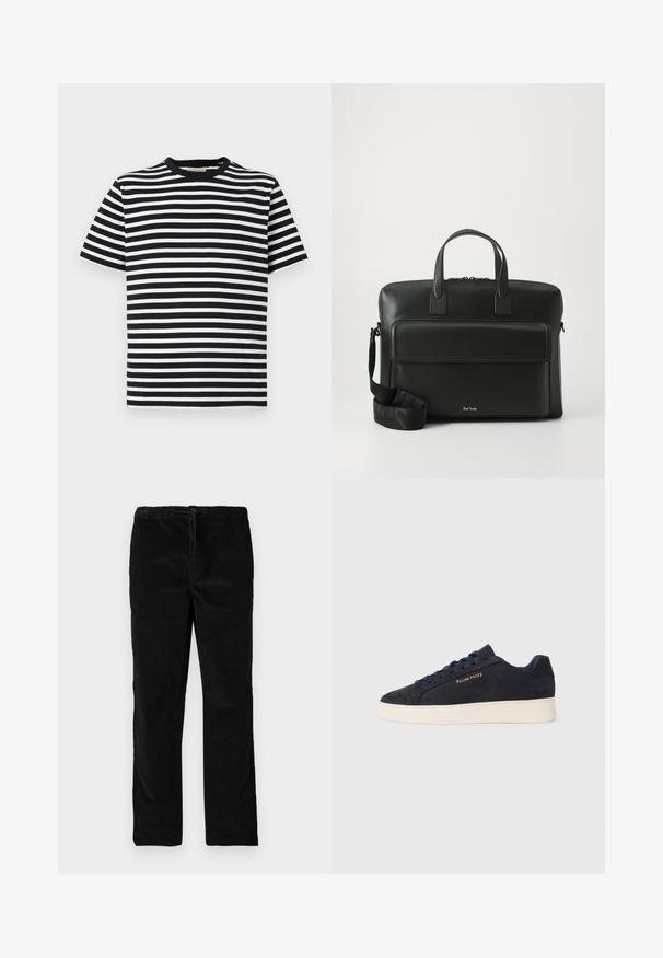 Melnbalts svītrainais īsām piedurknēm T-krekls ar apaļu kaklu un mīkstu kokvilnas audumu. Horizontālās svītras ir vienāda platuma.; Melnas taisnas kājas samta bikses ar elastīgu jostasvietu un priekšējo auklu, attēlotas uz vienkārša balta fona.; Navy zila zamšas zema augstuma kedas ar baltu zoli, navy krāsas auklām un "Filling Pieces" logo zeltā sānos.; Melna ādas portfelis ar divām augšējām rokturiem, priekšējo kabatu un noņemamu siksnu, ar diskrētu zīmolu apakšā.