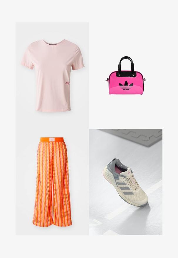 Pink short-sleeve athletic t-shirt made of smooth fabric with a round neckline. Features a small logo on the left side in darker pink.; Wide-leg pants featuring a zigzag pattern in vibrant shades of orange and pink, with an elastic waistband and logo tag at the back.; Beige athletic shoe with gray accents, mesh upper, and a textured sole. Features three gray stripes and pink interior details.; Pink patent handbag with a black logo and handles, featuring a rounded shape and zipper closure. Glossy texture enhances visibility.