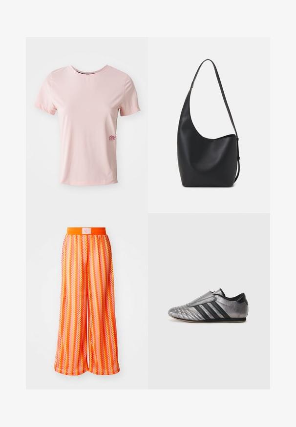 Rožinė trumpa rankovė sportinė marškinė, pagaminta iš lygaus audinio, su apvaliu kaklu. Kairėje pusėje yra mažas tamsesnio rožinio atspalvio logotipas.; Platus kojas turintys kelnės su zigzago raštu gyvų oranžinės ir rožinės spalvų atspalvių, su elastingu juosmeniu ir logotipo etikete gale.; adidas Originals TAEKWONDO W - Sportbačiai - grey five/core black; Juodas odinis hobo maišas su lygiu paviršiumi, kreipta forma ir viena reguliuojama rankena; turi platų atidarymą viršuje.