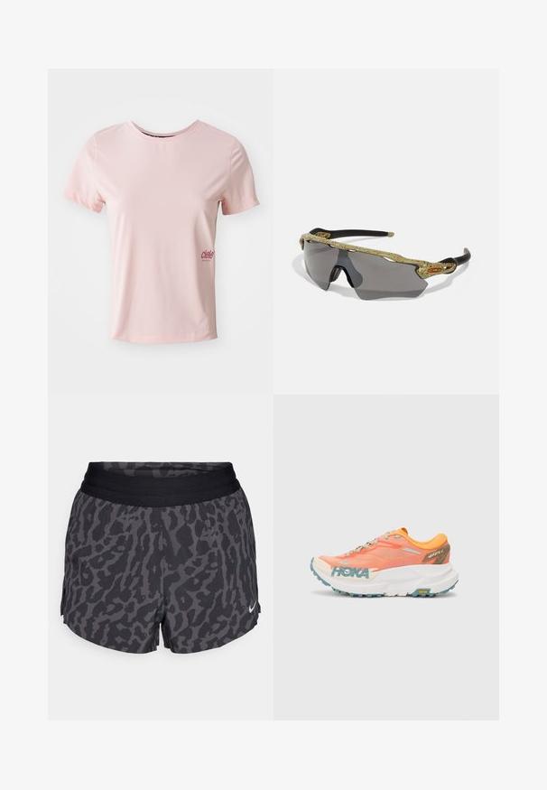 Rosa kortermet trenings t-skjorte laget av glatt stoff med rund hals. Har en liten logo på venstre side i mørkere rosa.; Sorte og grå leopardmønstrede shorts med vid elastisk talje, med en subtil glans og et lille hvidt Nike-logo nederst til højre.; Oransje og rosa løpesko med mesh-overdel, hvit mellomsåle, Vibram yttersåle og lyseblå detaljer. Har HOKA-merke på siden.; Sport solbriller med en grønnmønstret ramme, svarte armer og grå linser. Designet har en innpakningsstil med en dramatisk, sporty form.