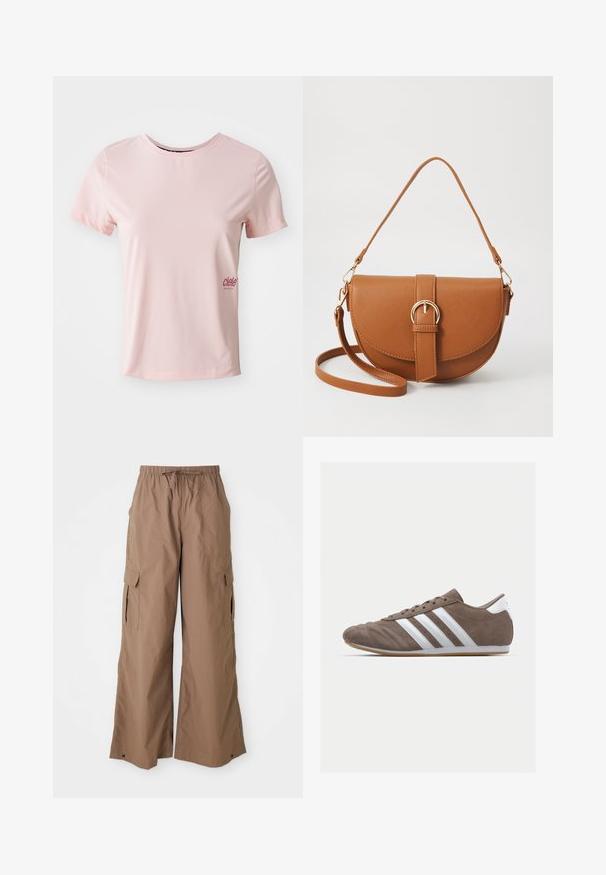 Pink short-sleeve athletic t-shirt made of smooth fabric with a round neckline. Features a small logo on the left side in darker pink.; Brown loose-fit cargo pants with drawstring waist and side flap pockets, wide leg design, displayed against a white background.; Brown suede athletic shoe with white stripes, round toe, lace-up design, and gum rubber sole. Textured upper with stitching details.; Brown leather crossbody bag with a curved shape, gold hardware, and a buckle accent. Features a detachable shoulder strap.