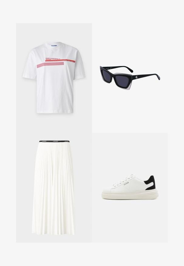 White cotton t-shirt featuring a crew neck, short sleeves, and a graphic print in red and pink across the chest with brand text.; Pleated white skirt with a black elastic waistband featuring the "LACOSTE" logo. Mid-length design with soft texture.; White leather sneakers with a thick white sole, black suede heel accent, and embossed logo on the side. Laced design with six eyelets.; Black oversized sunglasses with a geometric shape, featuring dark lenses and a contrasting grey detail on the frame. Logo on the arm.; Silver hoop earrings with a smooth, shiny surface, featuring a curved shape and post-back closure. Minimalist design with a modern finish.