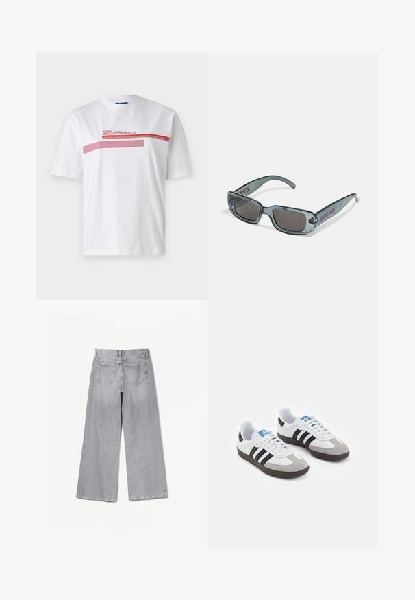 Bílá bavlněná tričko s kulatým výstřihem, krátkými rukávy a grafickým potiskem v červené a růžové barvě na hrudi s textem značky.; Bershka WIDE-LEG - Wide leg - grey; Sportovní boty s bílým koženým svrškem, šedou semišovou špičkou a třemi černými pruhy. Obsahují modré logo na jazyku a texturovanou gumovou podrážku.; Santa Cruz INFERNO UNISEX - Sluneční brýle - crystal black