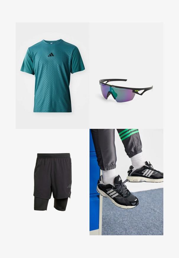 adidas Performance - Koszulka sportowa; Czarne spodenki sportowe z wbudowaną wewnętrzną warstwą, wykonane z oddychającego materiału. Posiadają subtelne logo oraz strukturalną fakturę. Regulowany pas.; Czarno-szare buty sportowe z siateczki i zamszu, z trzema białymi paskami i teksturowaną podeszwą, noszone z białymi skarpetami.; Okulary sportowe z czarną oprawką, dużą gradientową soczewką w odcieniach purpury i zieleni oraz kanciastym wzornictwem z detalem logo.