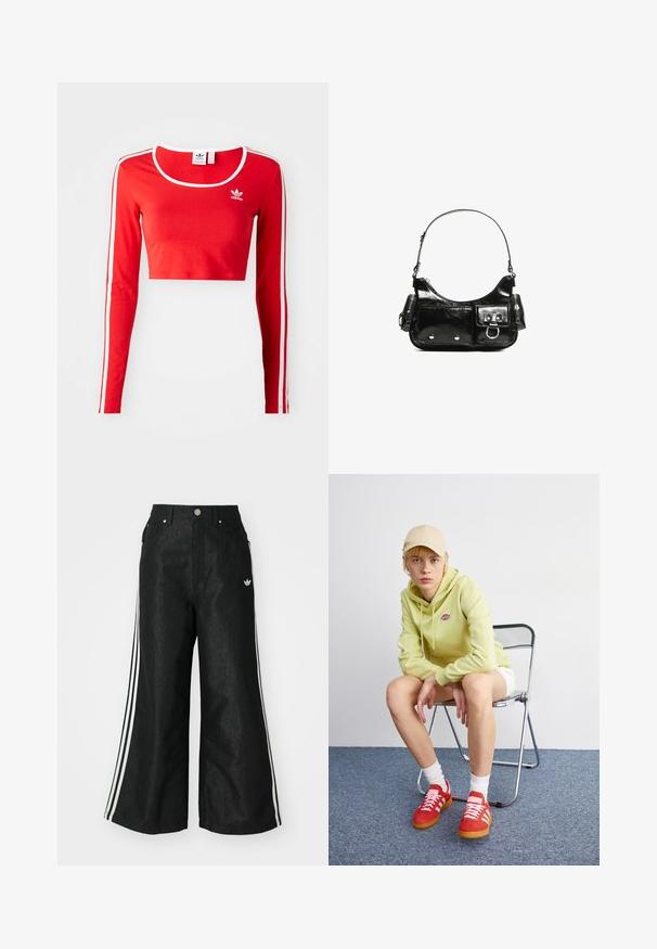 Top cropped roșu cu mâneci lungi, fabricat dintr-un material moale, având un decolteu rotund, dungi albe pe laterale și un mic logo alb pe piept.; Pantaloni din denim negri, cu croi evazat, având trei dungi albastre pe fiecare parte și un mic logo alb. Dispune de buzunare frontale și închidere cu buton.; Hanorac verde deschis cu logo, pantaloni scurți albi, adidași roșii cu dungi albe, așezat pe un scaun pliant din crom, pe un fundal neutru.; Geantă de mână din piele lăcuită neagră, cu o formă curbată, un umăr, buzunare frontale și accente din metal argintiu.