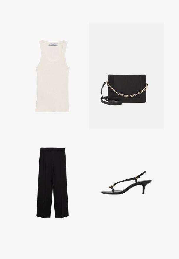 Ribbed tank top in off-white, featuring a scoop neckline, sleeveless design, and a fitted silhouette. Made from lightweight fabric.; Black wide-leg trousers with a smooth fabric, featuring pleats at the front and side pockets, designed with a straight, relaxed cut.; Black leather kitten heel sandal with thin straps, gold buckle, and minimalist toe loop on a white background.; Black leather crossbody bag featuring a smooth texture, rectangular shape, and a metallic chain detail on the front. Adjustable strap included.