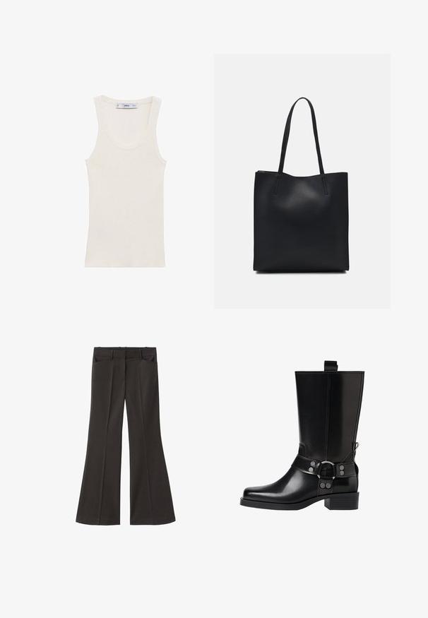 Débardeur côtelé en blanc cassé, avec un décolleté en ronde, sans manches et une silhouette ajustée. Fabriqué en tissu léger.; Pantalons évasés noirs à taille haute ; dotés de deux poches avant et d'une texture de tissu lisse. Adaptés à diverses occasions.; Botte noire en cuir, montante jusqu'au genou, avec un bout pointu, des accents en boucle en argent et un talon épais. Présente une languette pour un enfilage facile.; Sac fourre-tout en cuir noir avec une texture lisse, de forme rectangulaire et deux longues poignées. Pas de matériel ou d'ornementations visibles.