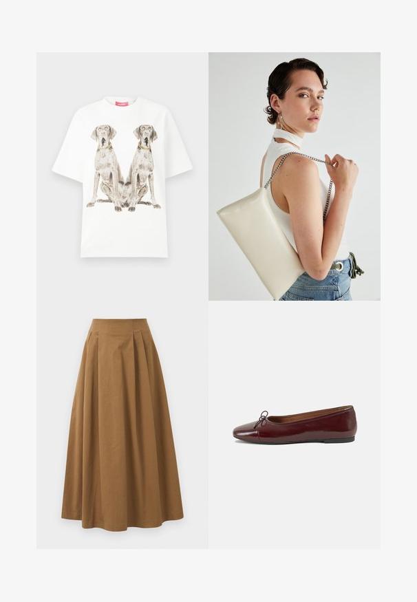 Tricou alb supradimensionat cu un print mare cu doi câini așezați, fiecare purtând un colier din lanț de aur. Material din bumbac cu o textură netedă.; Fustă A-line din bumbac maro, cu talie înaltă, având pliseuri pe față și o textură netedă. Marginile sunt finisate curat și simplu.; Balerini din piele patent burgund cu vârful rotund, accent de fundiță mică în față și talpă joasă din cauciuc negru. Textură netedă.; Geantă de clutch rectangulară albă, realizată dintr-un material lucios, având o curea de lanț argintie. Modelul pozează, evidențiind geanta pe un fundal simplu.