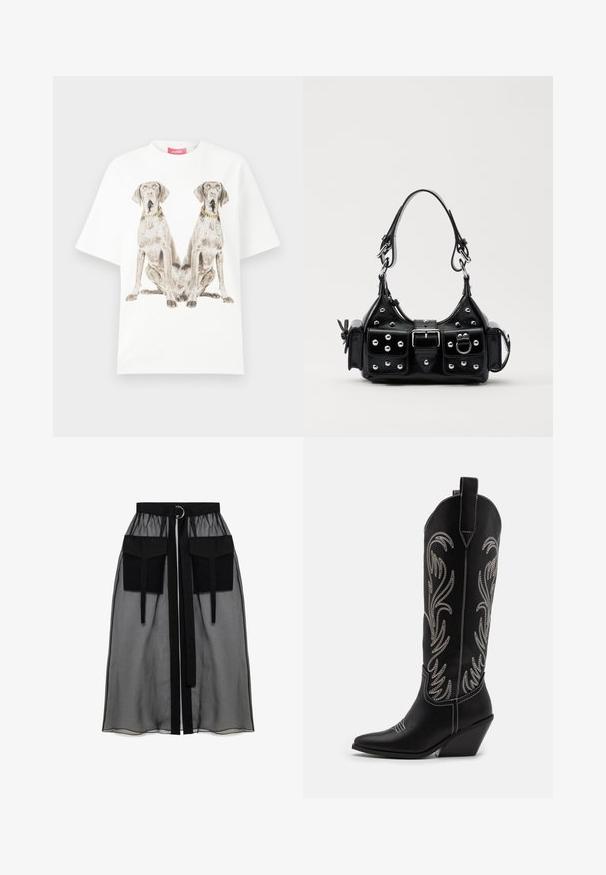 Vit oversized t-shirt med ett stort tryck av två sittande hundar, var och en med en guldkedja runt halsen. Tillverkad av bomull med en mjuk textur.; Svart genomskinlig kjol med en rynkad midja, utrustad med två stora framfickor, ett midjesnöre och en cirkulär metallaccent.; Svarta lädercowboystövlar med spetsiga tår, kilklackar och silverbroderade blommönster längs skaftet. Kontraststickning genom hela stöveln.; Svart läderhandväska med en kurvad design, prydd med silverfärgade nitar, ett spänne och två sidofickor. Justerbar rem för olika bäralternativ.