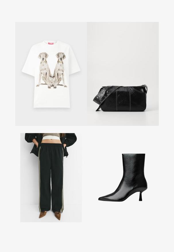 Witte oversized t-shirt met een grote print van twee zittende honden, elk met een gouden ketting om de nek. Gemaakt van katoenen materiaal met een zachte textuur.; Zwarte, loszittende joggingbroeken met een elastische tailleband en zijzakken, voorzien van contrasterende lichtbeige strepen langs de benen.; Zwarte enkelboot van glanzend leer met een spits toelopende neus en slanke hak, met een soepele textuur en minimalistisch ontwerp.; Zwarte leren schoudertas met een ritsluiting, voorzien van een gestructureerd lichaam, witte stiksels en een band met zilveren oogjes.