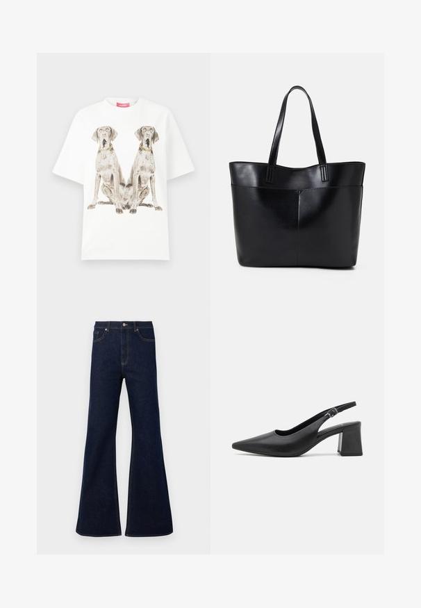 White oversized t-shirt featuring a large print of two seated dogs, each wearing a gold chain necklace. Cotton material with a smooth texture.; Dark blue flared denim jeans featuring a high waist, front pockets, and golden stitching accents. Smooth texture with a traditional cut.; Black leather slingback heeled shoe with a pointed toe and a chunky block heel. Features an adjustable strap with a metal buckle.; Black leather tote bag with two long handles, a smooth texture, and a structured shape. Features a front pocket for additional storage.