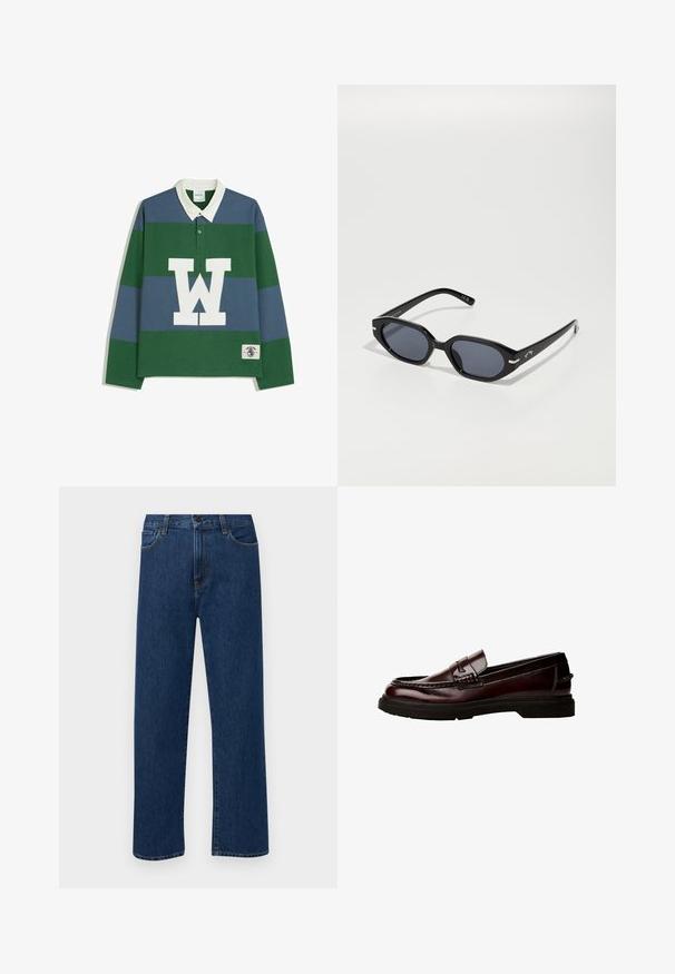 Polo košile s dlouhým rukávem, která má horizontální pruhy v zelené a modré barvě, bílý límec a velké bílé logo "W" na přední straně s detailním štítkem.; Tmavě modré džíny s rovnými nohavicemi, předními kapsami a zapínáním na knoflík, vystavené na jednoduchém bílém pozadí.; Hnědé kožené mokasíny s kulatou špičkou, podrobným šitím a gumovou podrážkou. Mají zdobný pásek a hladký povrch.; Černé plastové sluneční brýle s osmiúhelníkovými čočkami, tmavě zabarvené a se stříbrnými akcenty na stranicích. Hladký povrch, moderní design.