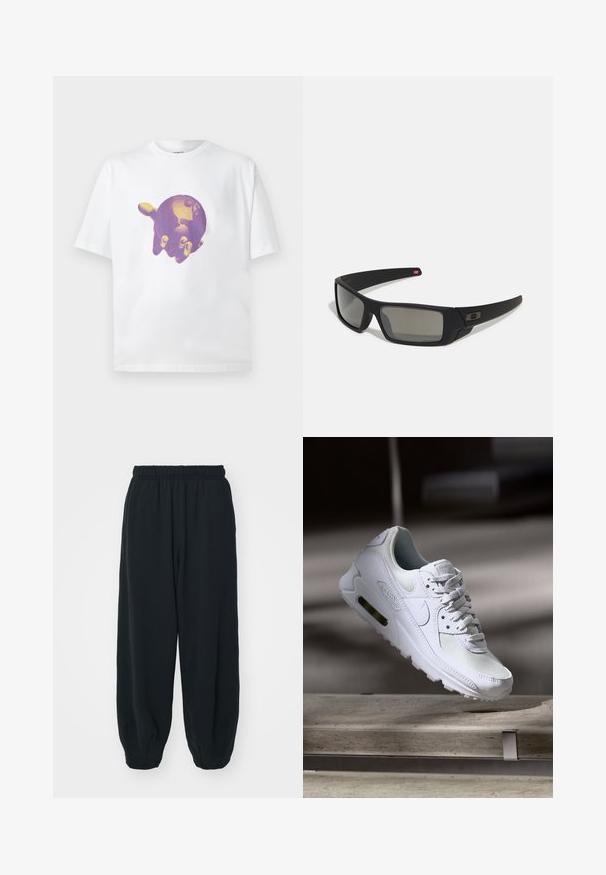 Witte katoenen t-shirt met een centraal paarse en gouden print van een hand die een wereldbol vasthoudt, met korte mouwen en een ronde hals.; Zwarte, elastiche sweatpants met een losse pasvorm, manchetten aan de enkels, een zachte textuur en zonder zichtbare patronen of hardwareaccenten.; Witte Nike Air Max 90 sneaker met een bovenwerk van mesh en leer, een geperforeerde teenbox en een zichtbare luchtunit in de hiel.; Zwarte zonnebril met een matte afwerking, rechthoekige glazen, een lichte kromming op de slapen, subtiele logodetails en rookgetinte glazen.