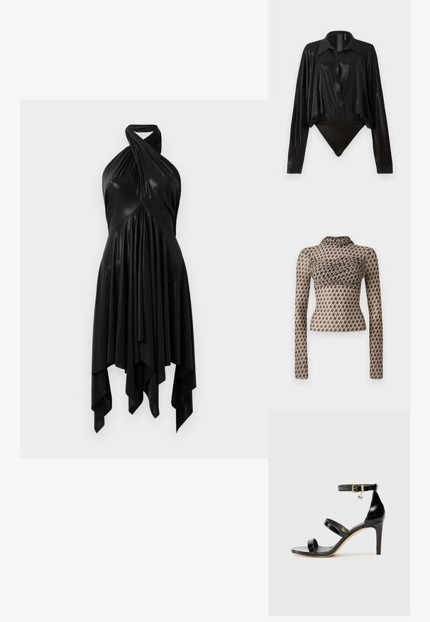 Langärmliges Oberteil aus transparentem Material mit beigegrund und schwarzem abstraktem Muster, mit einem gerafften Design an der Brust und hohem Halsausschnitt.; Schwarzer Body mit langen Ärmeln, V-Ausschnitt und figurnaher Silhouette. Hergestellt aus glänzendem, glattem Stoff mit einem strukturierten Kragen und Manschetten.; Schwarzes Halsbandkleid mit einem drapierten Design. Hergestellt aus glänzendem Material, mit einem verdrehten Ausschnitt und asymmetrischem Saum. Glatte Textur.; Schwarze Lackleder-Sandale mit drei Riemen, Knöchelriemen und 10 cm hohen Stiletto-Absatz. Verfügt über goldfarbene Hardware-Details und ein Logo-Charm.; Schwarze Handtasche mit Nietenverzierungen, einer Kettenriemen und einem glatten Ledergriff, in runder Form und mit einem Reißverschlussfach.