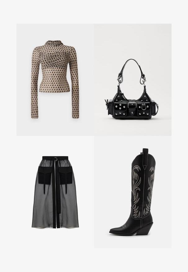Pikad varrukad, läbipaistvast materjalist, beežil põhjas ja musta abstraktse mustriga. Rinnaosas on volangdisain ja kõrge kaelus.; Must mustriga seelik, millel on kogutud vöökoht, kaks suurt esitaskut, vöötie ja ringikujuline metallaktsent.; Mustad mustad nahast cowboy saapad terava ninaga, vööndkanna ja hõbedaste tikanditega lillemustritega varred. Kontrastõmblused üle kogu.; Must värvi nahast käekott, millel on kaarjas disain, hõbedased nupukesed, kinnitusahe ja kaks külgtaskut. Reguleeritav rihm erinevate kandmisvõimaluste jaoks.