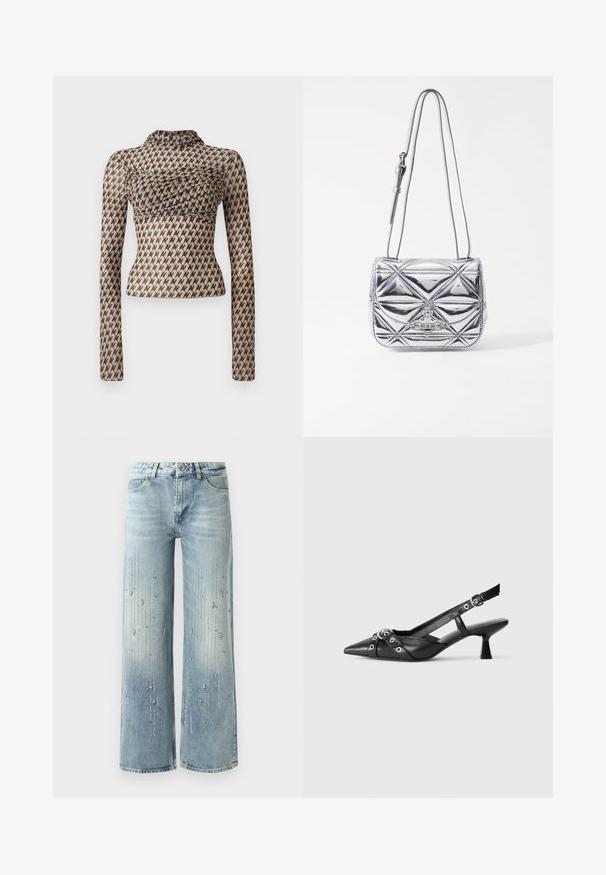 Langärmliges Oberteil aus transparentem Material mit beigegrund und schwarzem abstraktem Muster, mit einem gerafften Design an der Brust und hohem Halsausschnitt.; Hellblaue weite Jeans aus Denim, ausgestattet mit einem Farbverlaufseffekt und Verzierungen aus silbernen Strasssteinen in vertikalem Muster.; Schwarzer Leder-Slingback-Schuh mit spitz zulaufender Zehenpartie, dekorativen Riemen mit METALLÖSEN und niedrigem Blockabsatz. Strukturelle Oberfläche.; Metallisch silberne Umhängetasche mit geometrischem, gepolstertem Design, flacher Klappe und verstellbarem Riemen mit silbernen Hardware-Akzenten.
