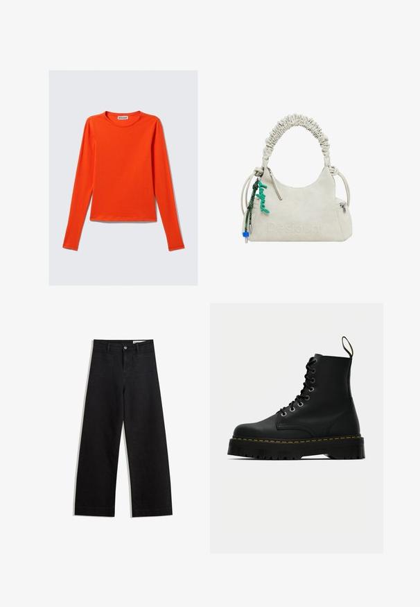 Langärmliges, Rundhals-Shirt in leuchtendem Orange. Aus glattem Stoff mit taillierter Silhouette und geradem Saum. Keine sichtbaren Muster oder Akzente.; Schwarze weit geschnittene Jeans mit hoher Taille, ausgestattet mit Vorder- und Hintertaschen, gesteppten Nähten und einem Knopfverschluss. Glatte Textur.; Schwarze Leder-Schnürstiefeletten mit einer dicken, strukturierten Gummisohle und gelben Steppnähten um die Plattform.; Off-white Handtasche aus Kunstleder mit gerafftem Griff, Reißverschlusstasche und grünem Anhänger. Glatte Textur, dezentes geprägtes Logo und elegantes Design.
